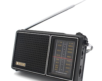 Vintage Sanyo AM/FM Transistor Radio Black and Chrome Analog Tuner