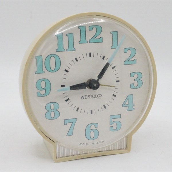 Vintage mid-century alarm clock light blue luminescent dial nightstand wind up mechanical bell ringing alarm clock analog dial Westclox USA