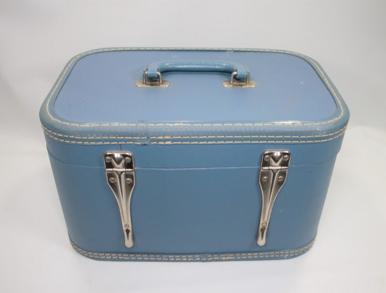 Vintage Midcentury Train Case Suitcase Blue Chrome Small Etsy