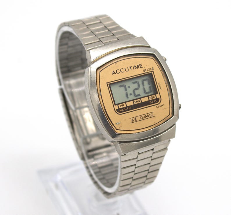 Vintage 1980s digital watch Accutime chrome silver stainless steel band LCD quartz 80s fashion image 1