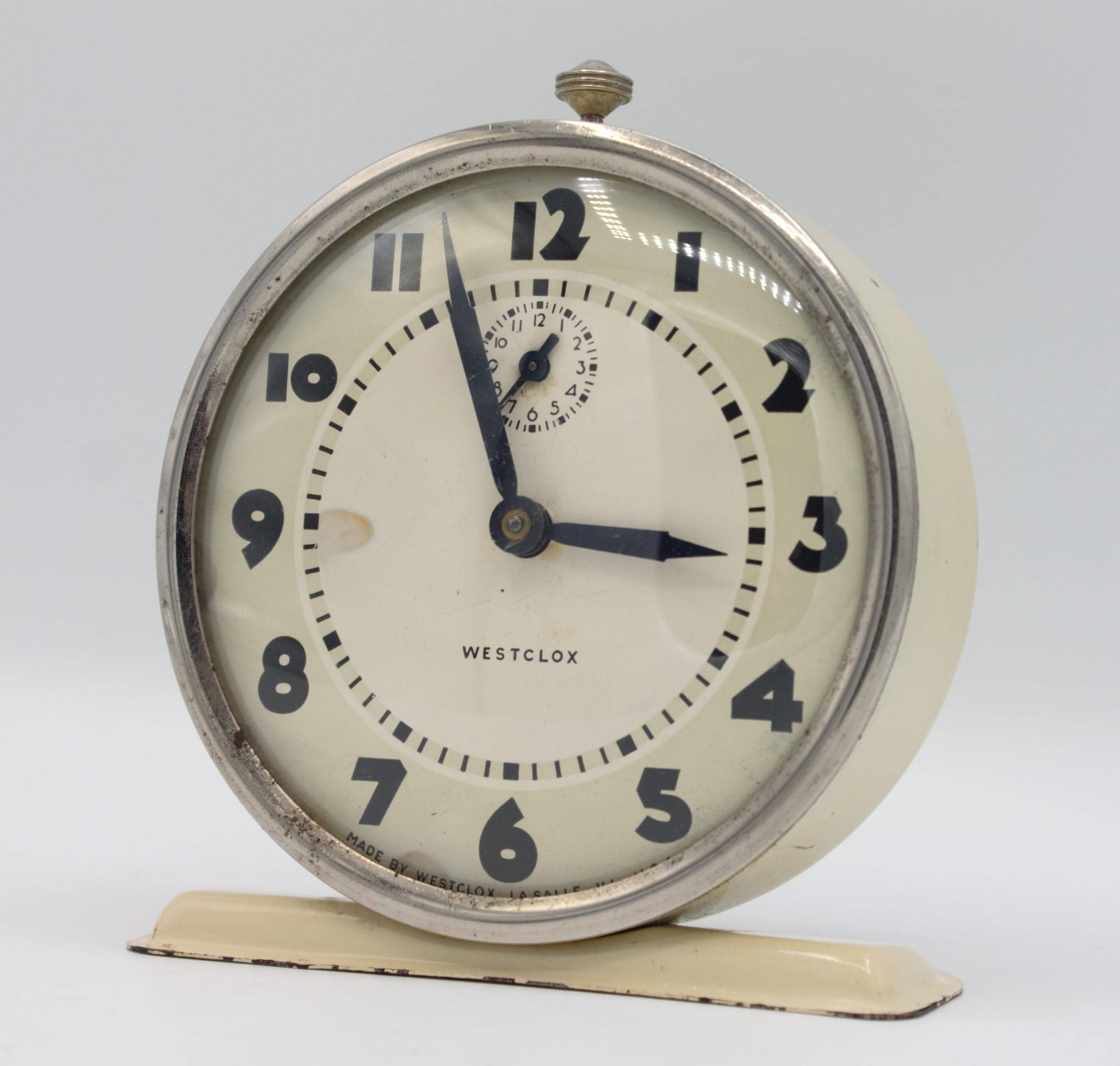 Vintage Westclox Bingo Alarm Clock White Steel and Brass Spring