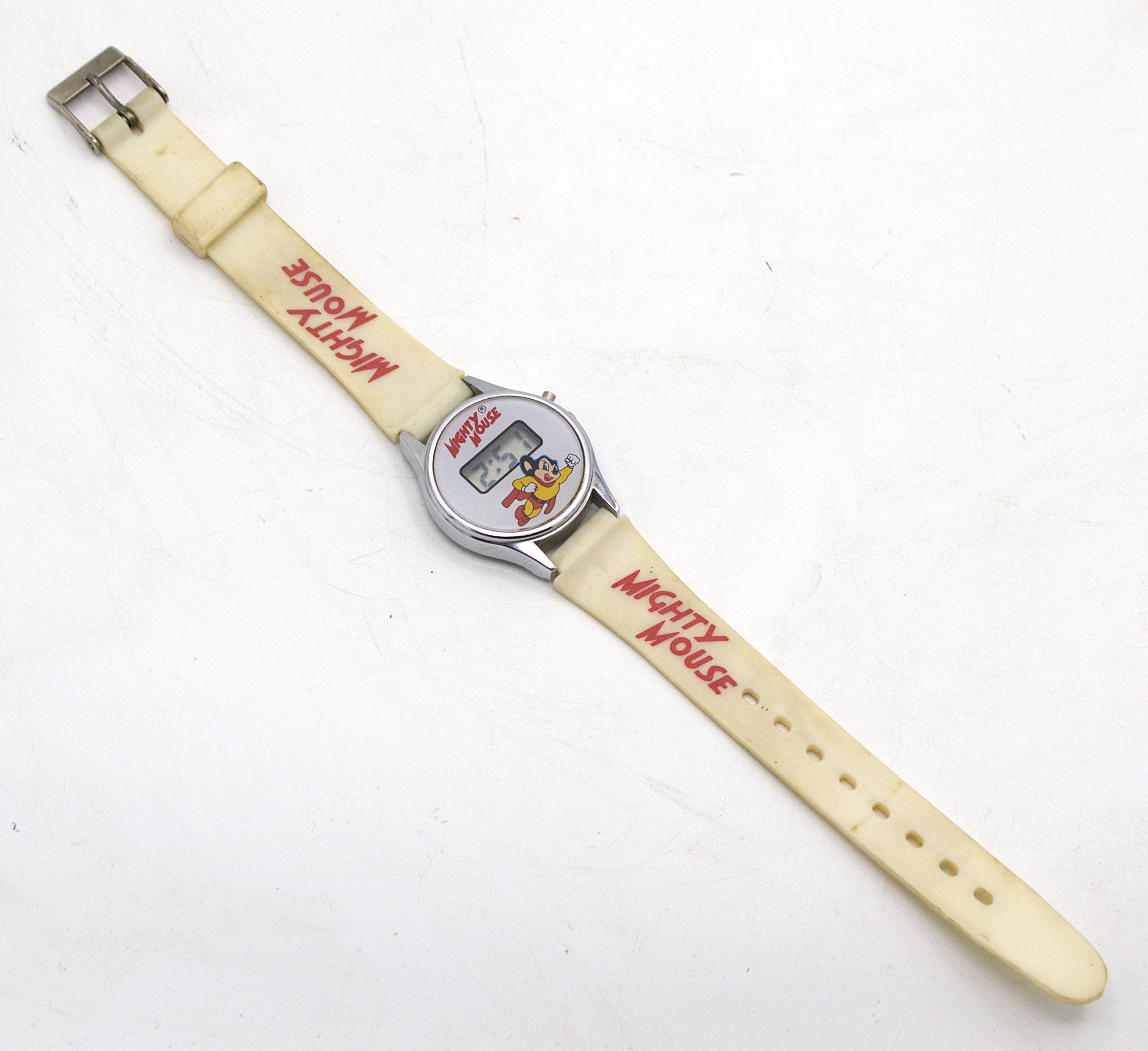 Vintage 1980s Mighty Mouse Digital Watch Chrome Case LCD Quartz