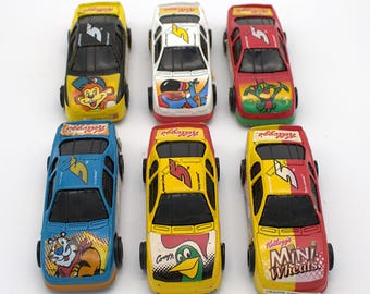 Vintage NASCAR Kellog's Cereal 6 car set die cast metal Hot Wheels race cars Mini-Wheats Frosted Corn Flakes Froot Loops Smacks Cocoa Puffs
