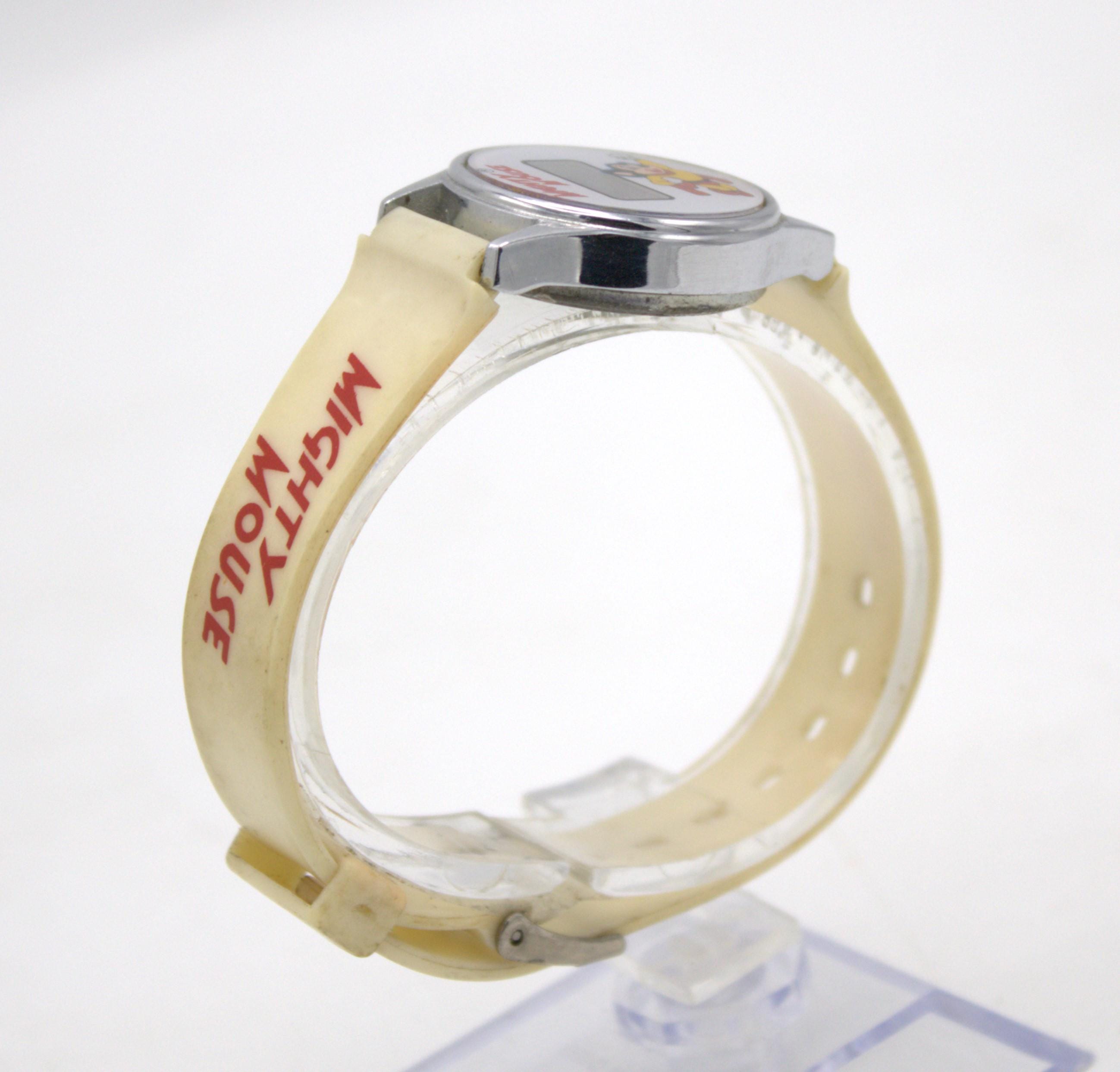 Vintage 1980s Mighty Mouse Digital Watch Chrome Case LCD Quartz
