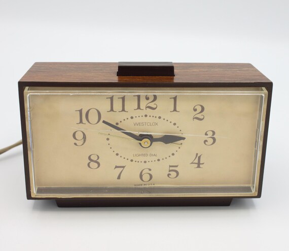 Vintage Westclox Alarm Clock With Backlit Dial Woodgrain Mid