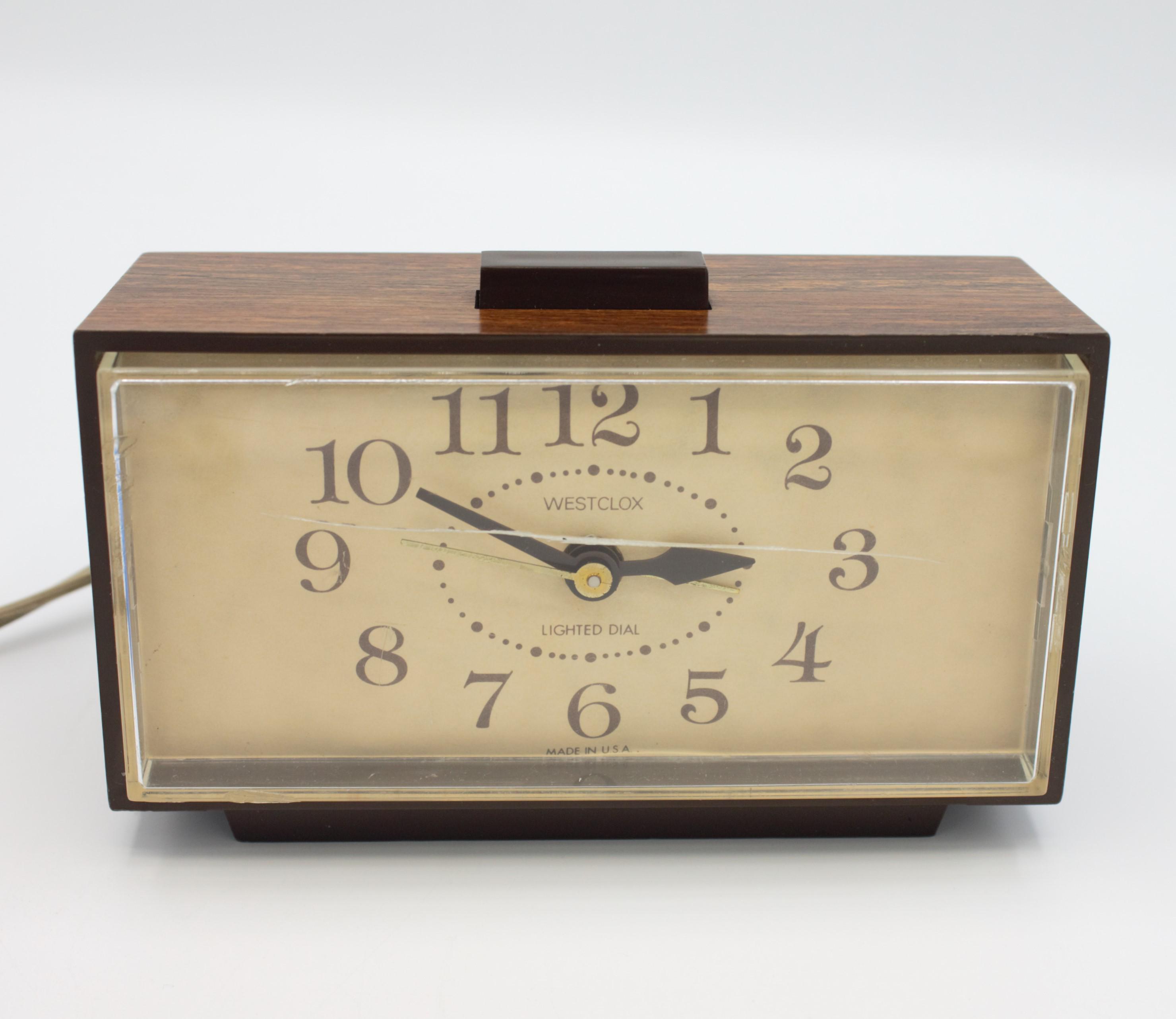 Vintage Westclox Alarm Clock With Backlit Dial Woodgrain Mid