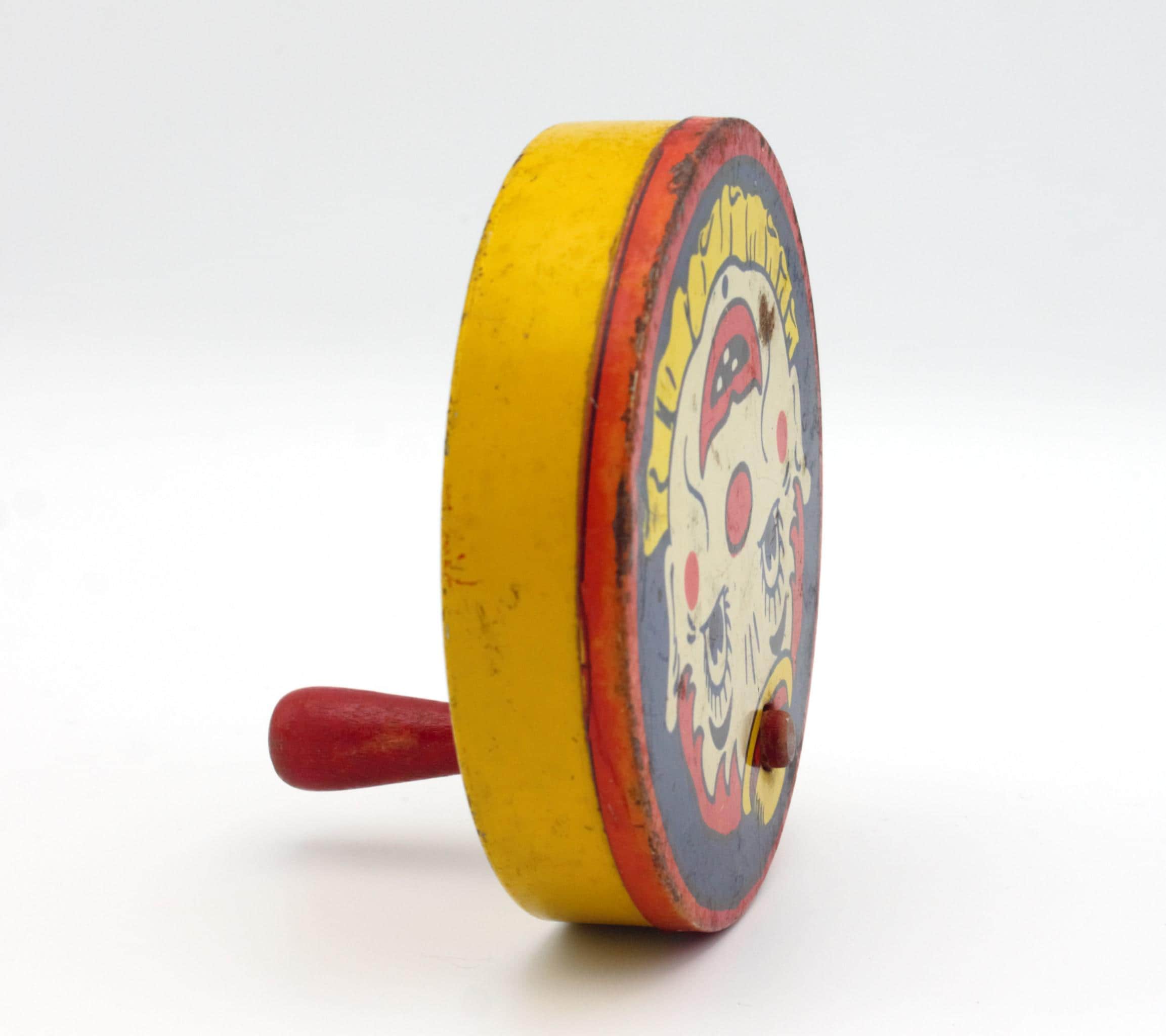 Vintage 1940s Clown Tin Toy Noise Maker Spinning Clacker Brightly