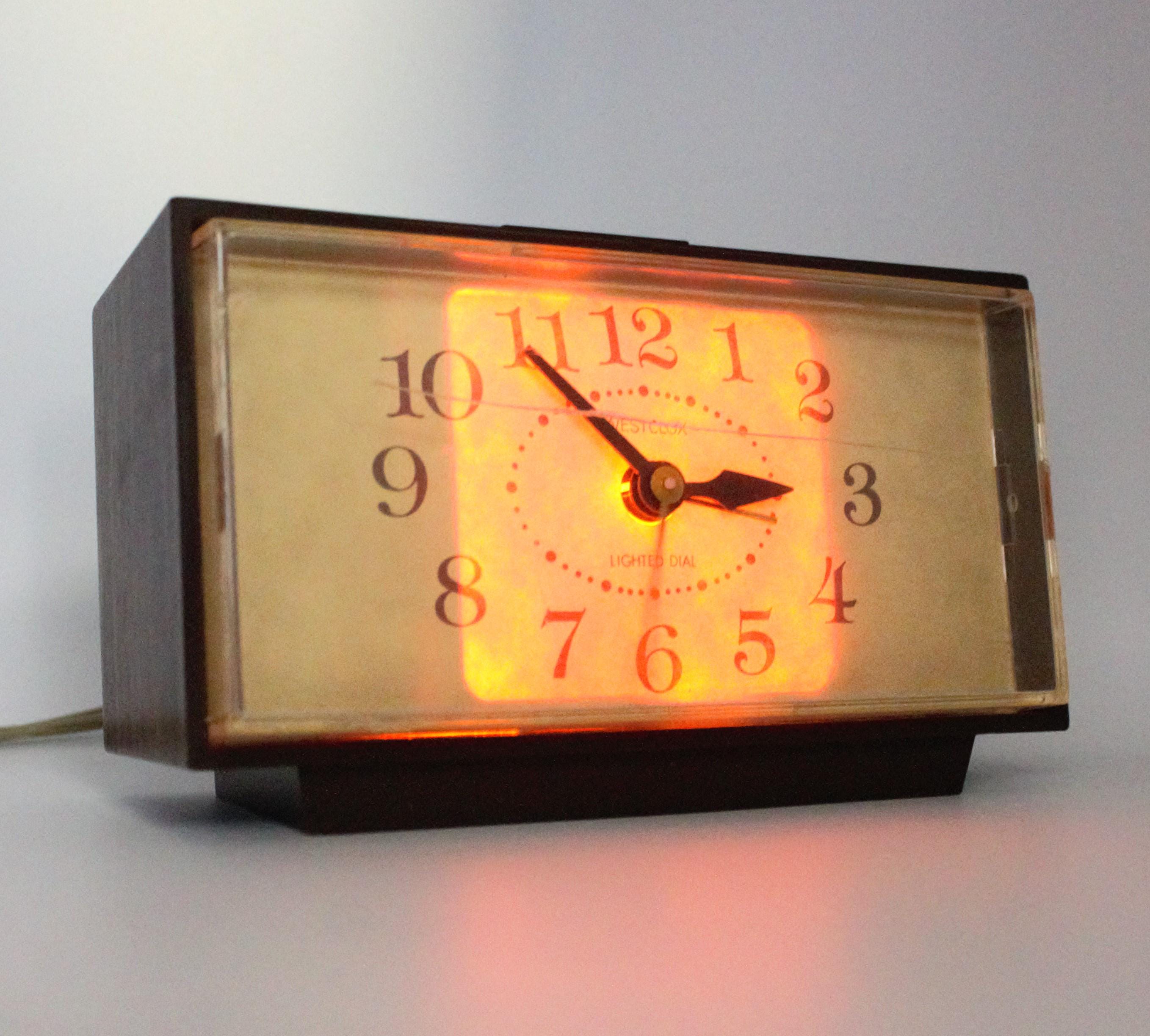 Vintage Westclox Alarm Clock With Backlit Dial Woodgrain Mid