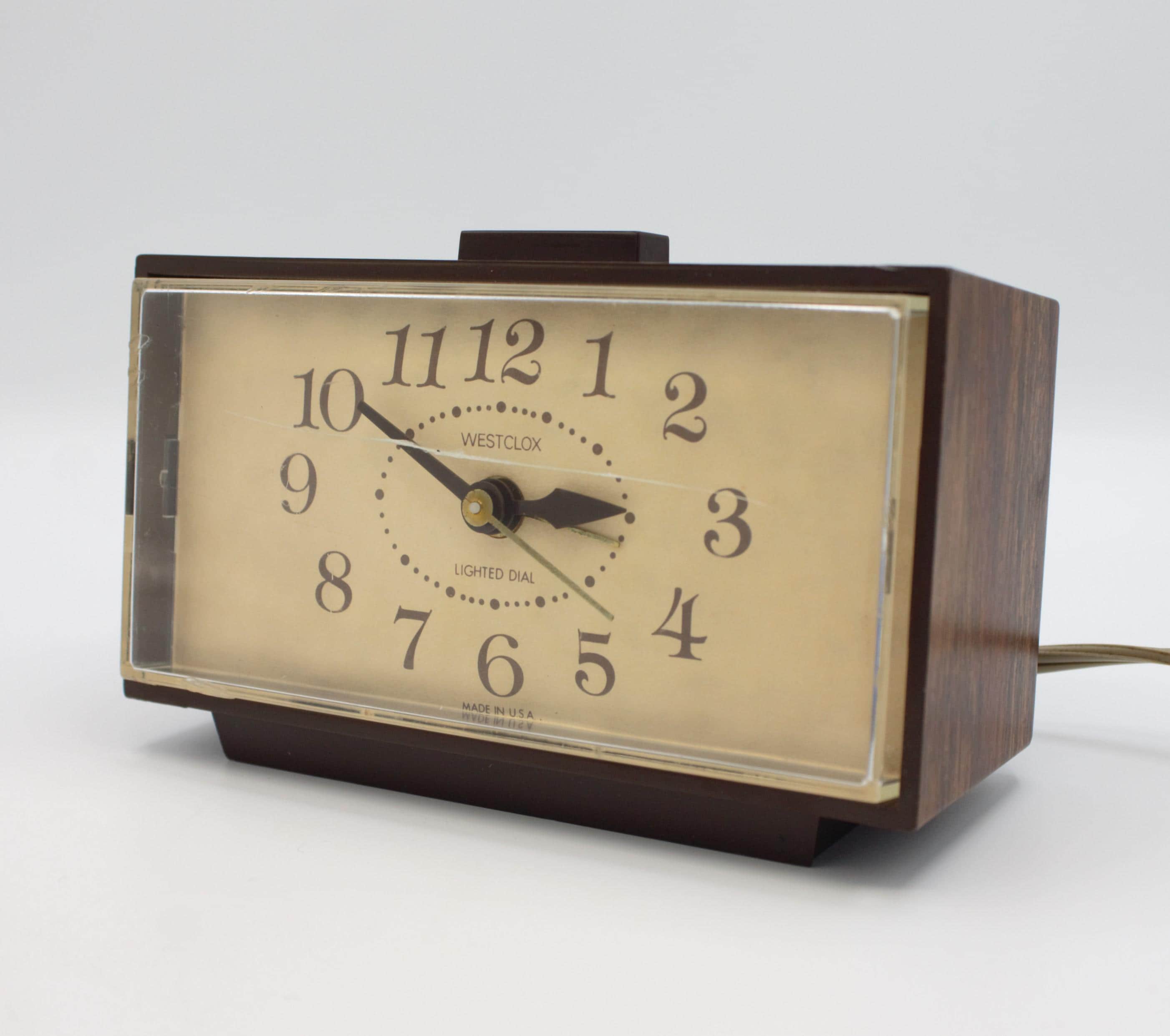 Vintage Westclox Alarm Clock With Backlit Dial Woodgrain Mid