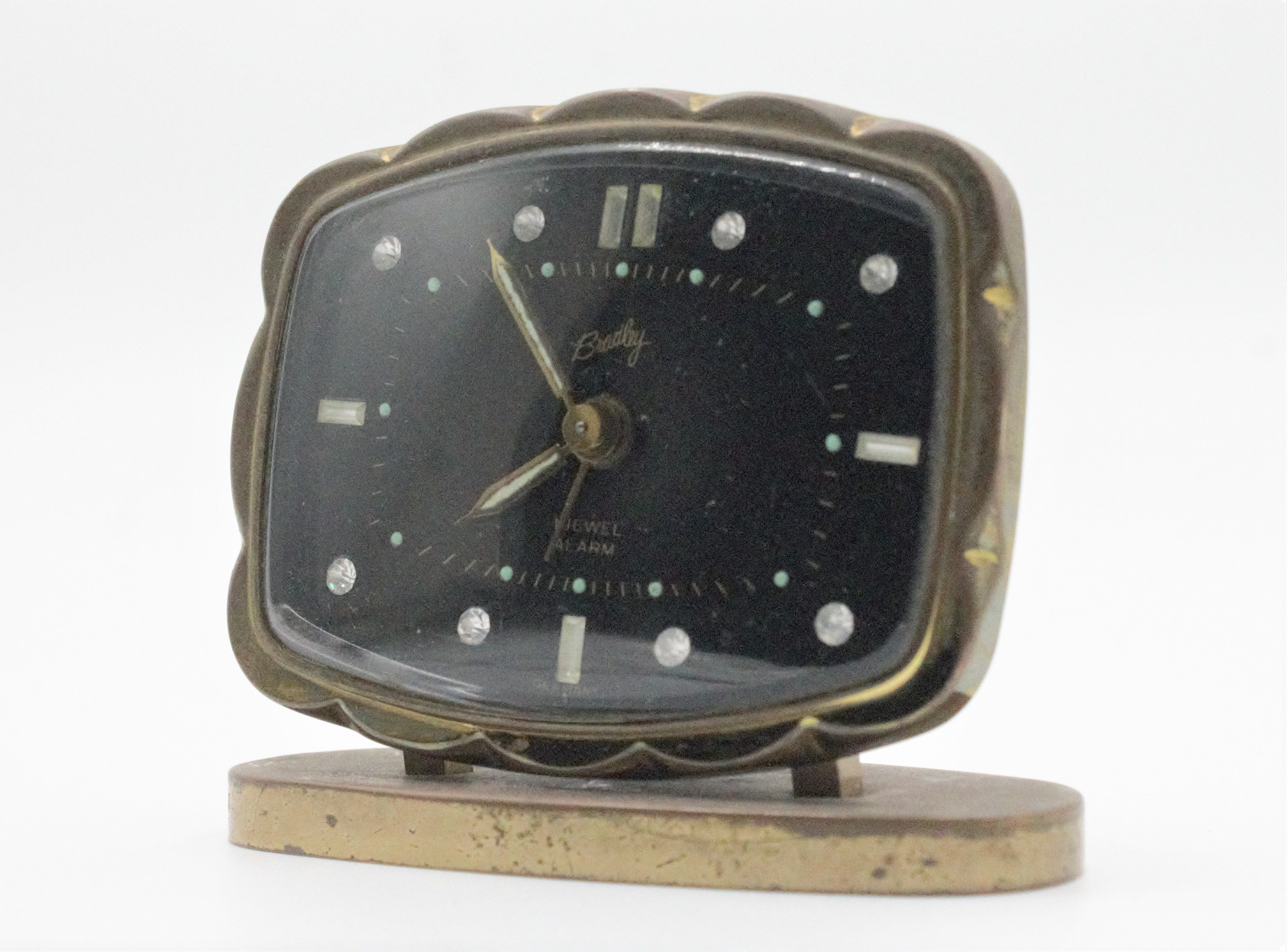Vintage Bradley Jeweled Movement Alarm Clock With Gem Stone Dial