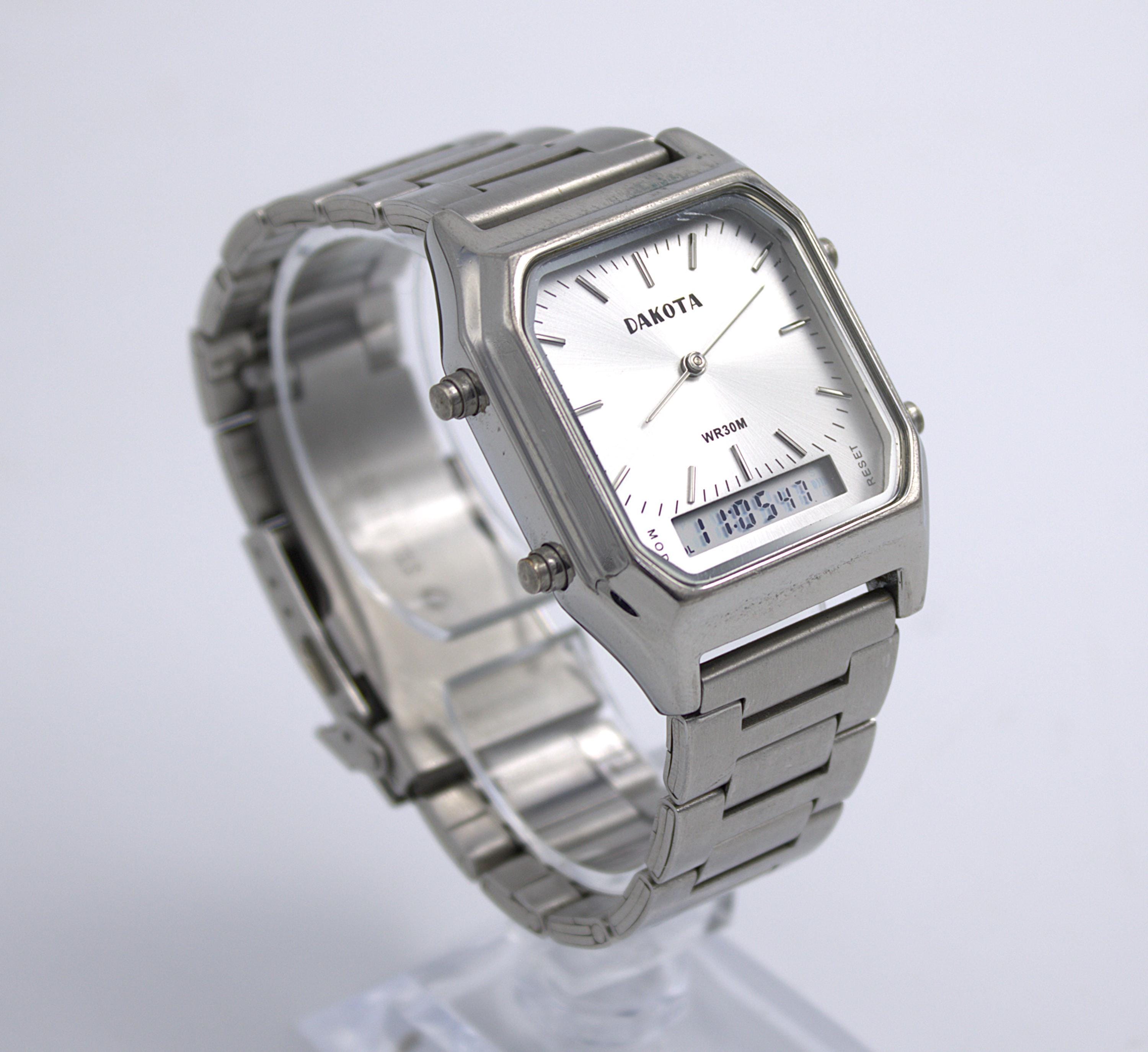 Dakota Unisex Silver Blue 35mm TV Date Dial Watch White Leather w New Battery Dakota Full Wrist Collection – dakotawatch main image 2