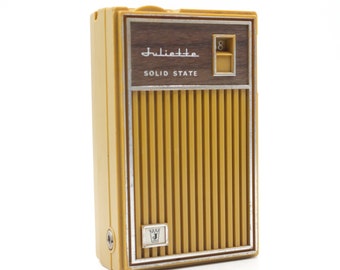 Vintage 1960s Juliette transistor radio AM tuner Solid State chrome silver woodgrain brown mini portable pocket audio Topp refurbished