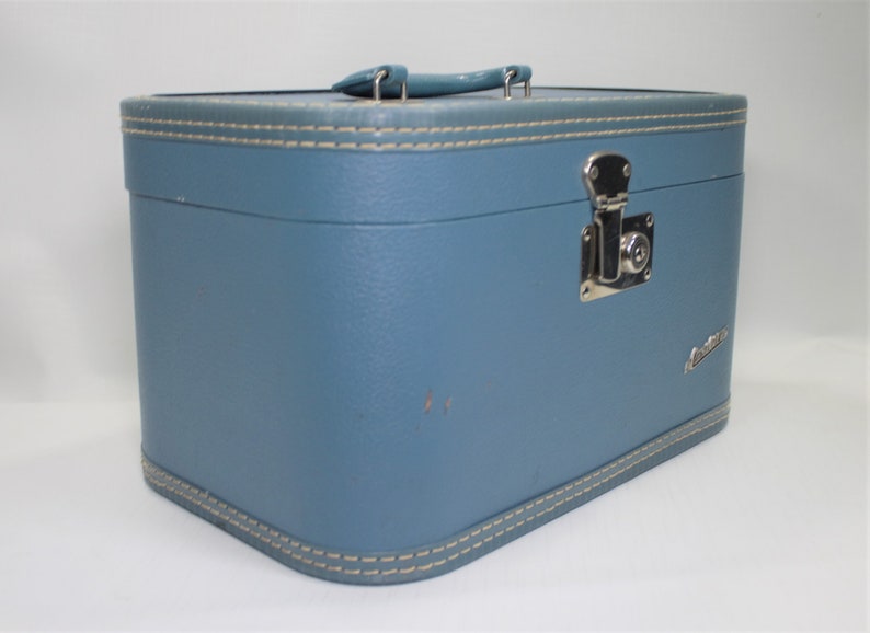 Vintage Midcentury Train Case Suitcase Blue Chrome Small Etsy