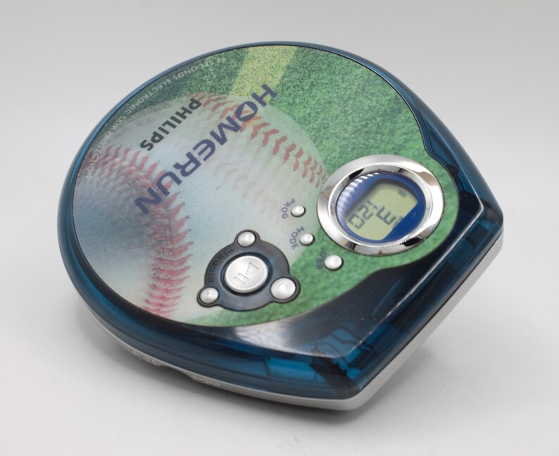 Vintage CD player stereo personal audio digital compact disc LCD blue Homerun Baseball edition Phillips with headphones image 8
