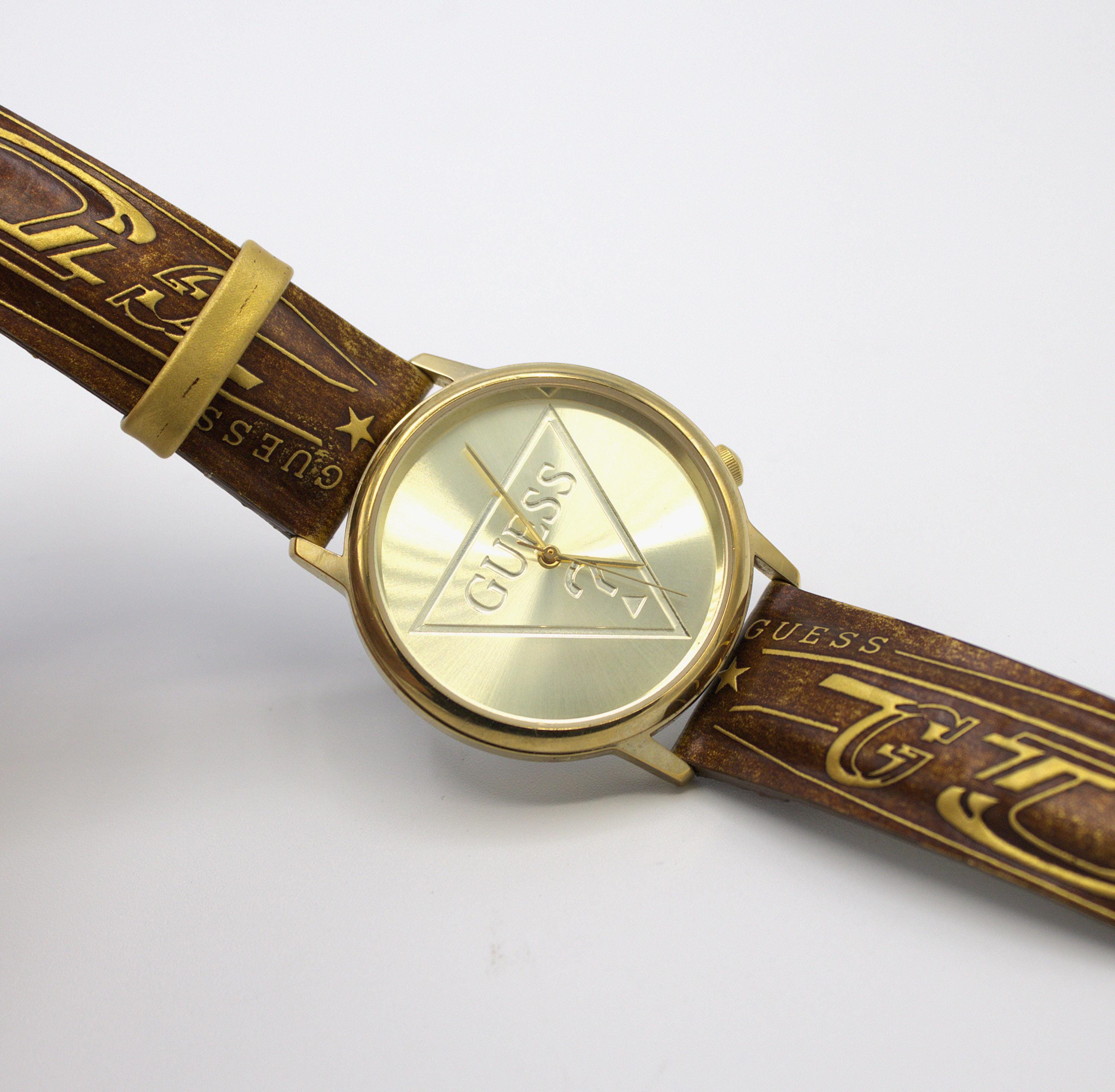 Vintage 1990s Guess Watch Gold Tone Case Analog Dial With 
