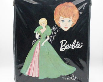 Vintage 1960s Barbie doll carrying storage case black vinyl green gown Ponytail Mattel 1963
