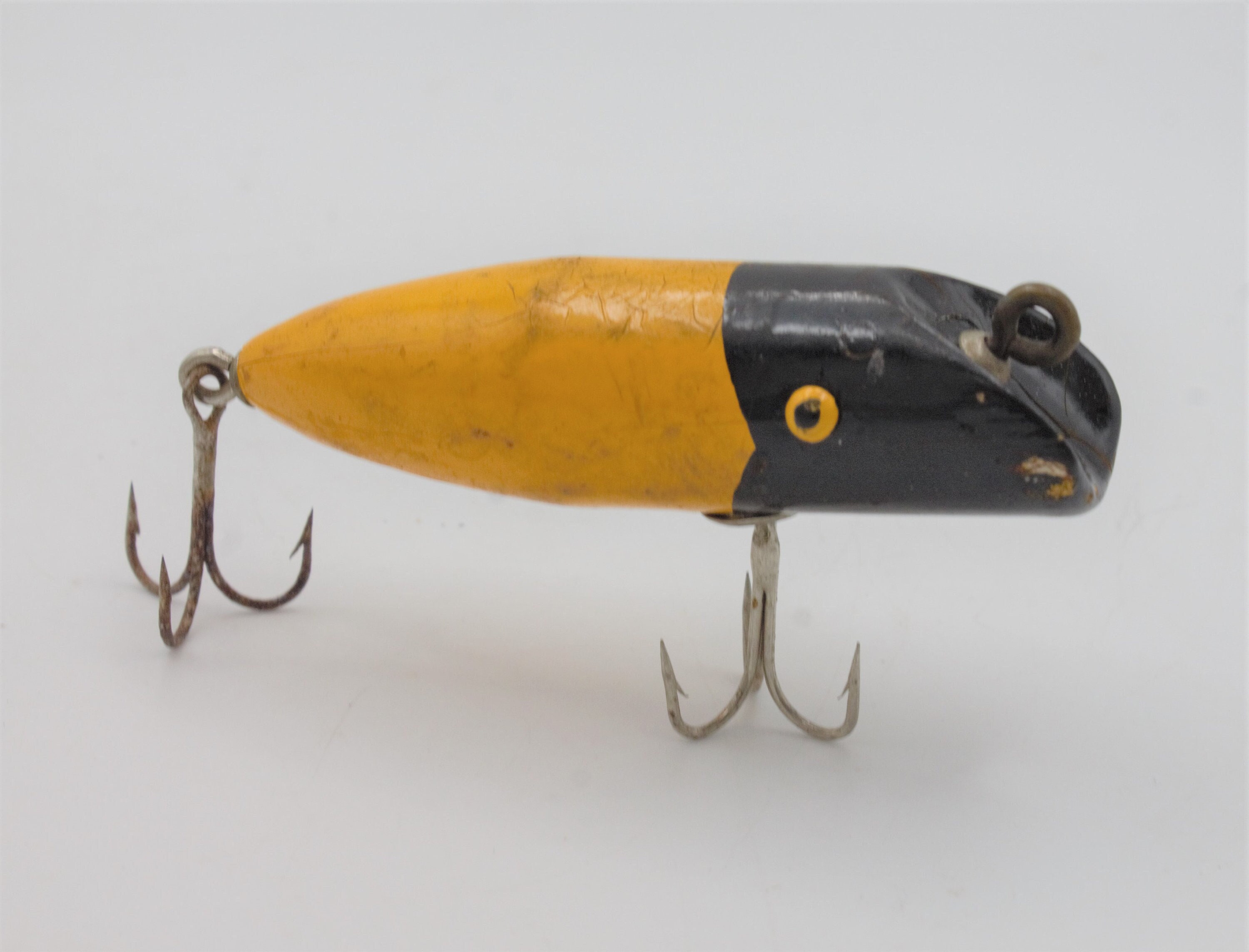Vintage 1950's Wooden Hand Painted Fishing Lure Black and Yellow Beaded  Eyes Two Treble Hook 