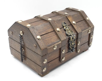 Vintage jewelry box wood trunk wooden pirate treasure chest style keepsake box red velvet lined hinged case brass nails and latch