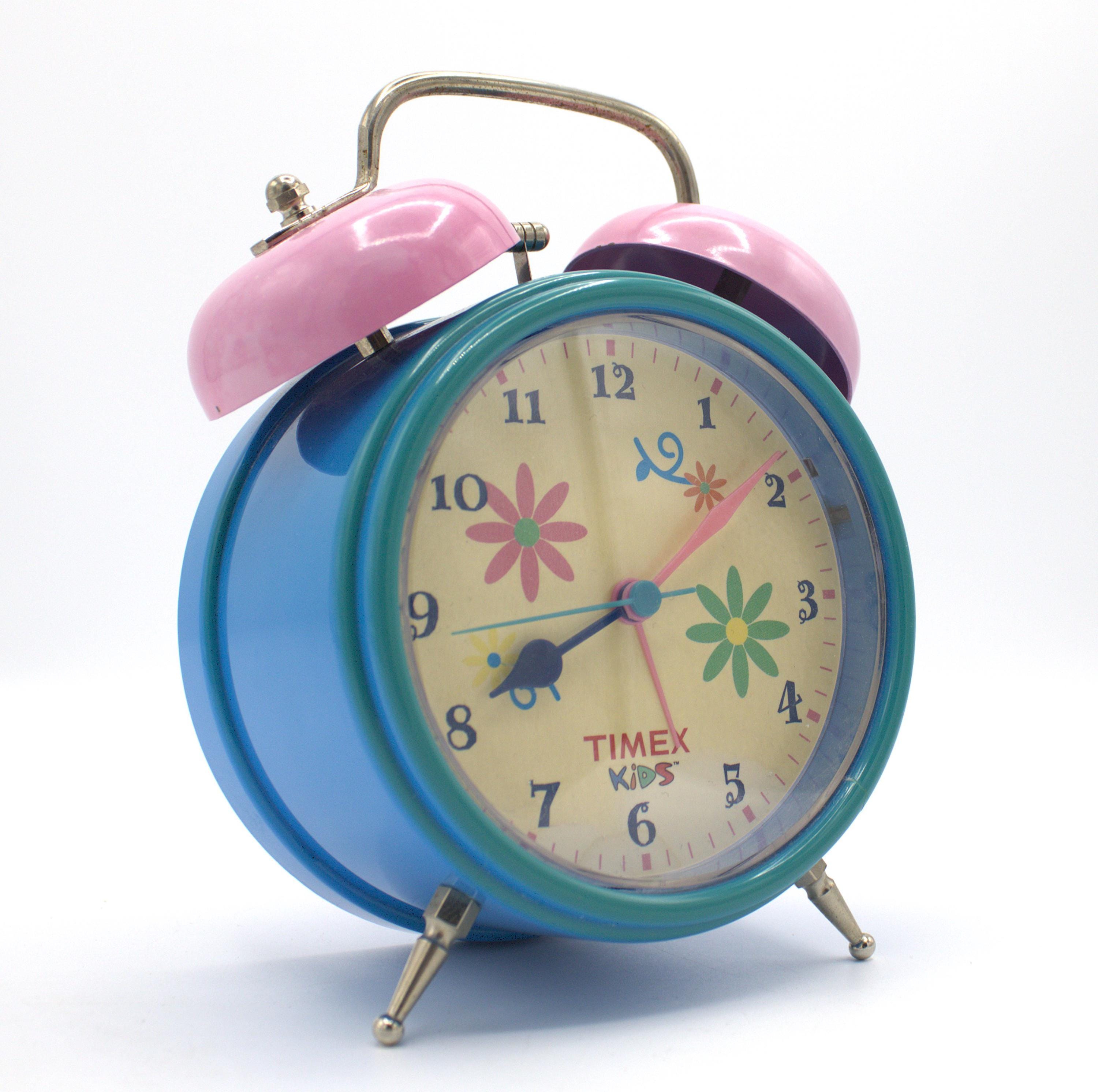 Vintage Timex Dual Bell Alarm Clock Bright Blue and Pink Timex