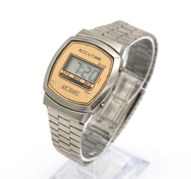 Vintage 1980s digital watch Accutime chrome silver stainless steel band LCD quartz 80s fashion image 3