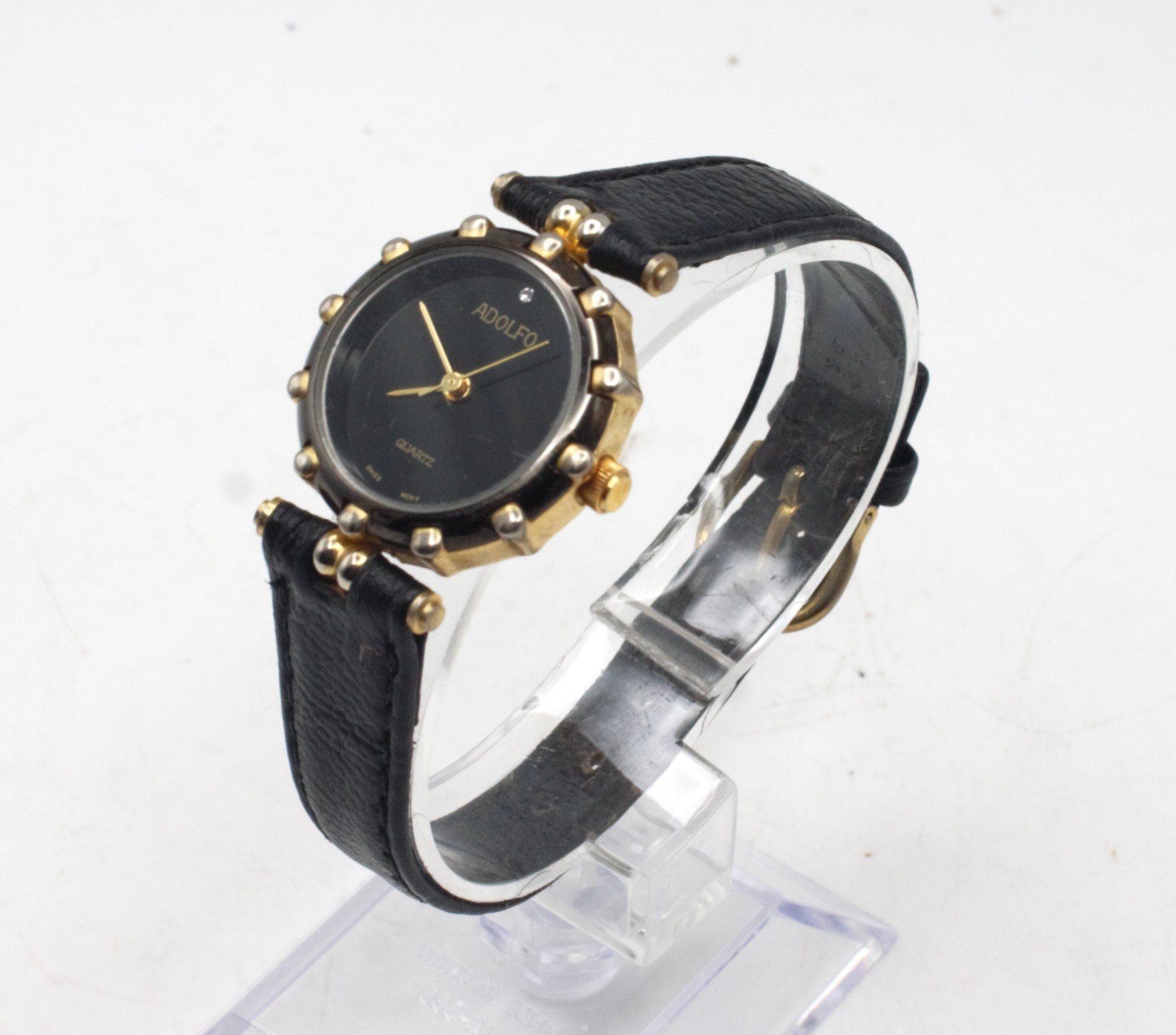 NWT ADOLFO Genuine Leather Quartz Analog Women\'s Watch In Black/Gold Hardware Adolfo Watches - Etsy main image 4