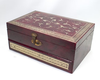 Vintage Jewelry box Mele burgundy tiered lid drawer brass hardware chrome silver scrollwork detail velvet lined storage heirloom gem case