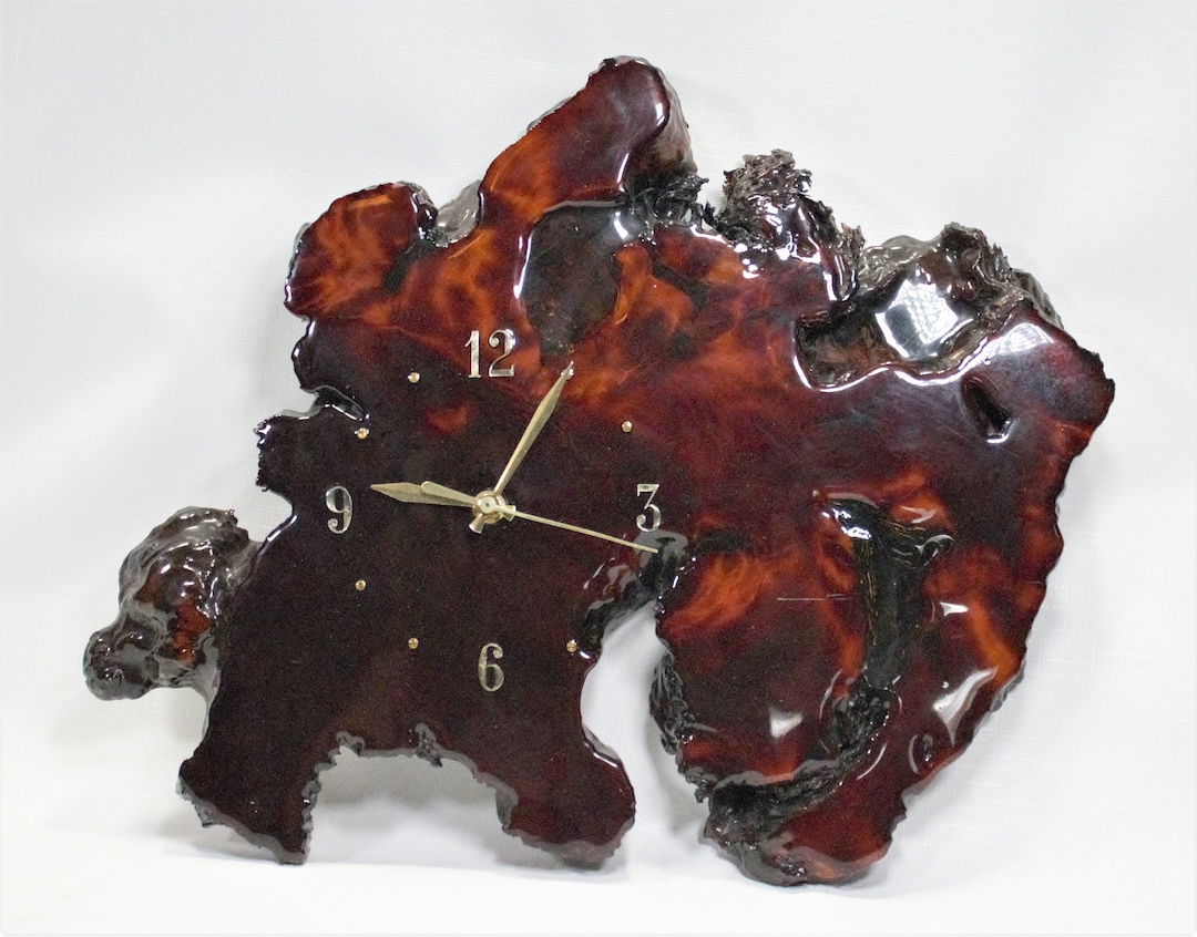 Vintage Beautiful Wood Tree Slab Clock Resin Coated Dark Stained