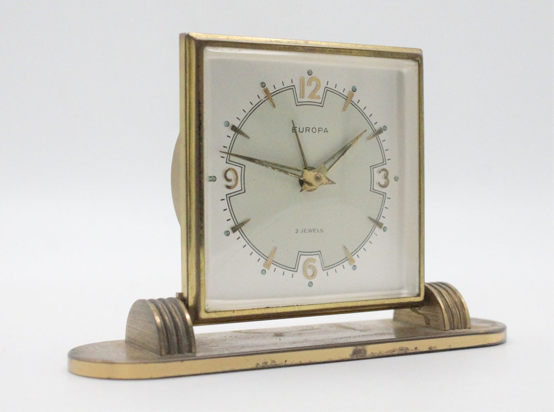 Vintage Midcentury Art Deco Style Alarm Clock Brass Spring Wound
