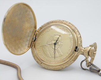 Vintage pocket watch Qvinto Centenario 1492-1992 Columbus commemorative portrait ship analog dial fob pocket clip ornate detail Dundee