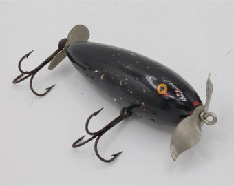 Vintage 1950s Wooden Fishing Lure Black With Yellow Eyes Painted