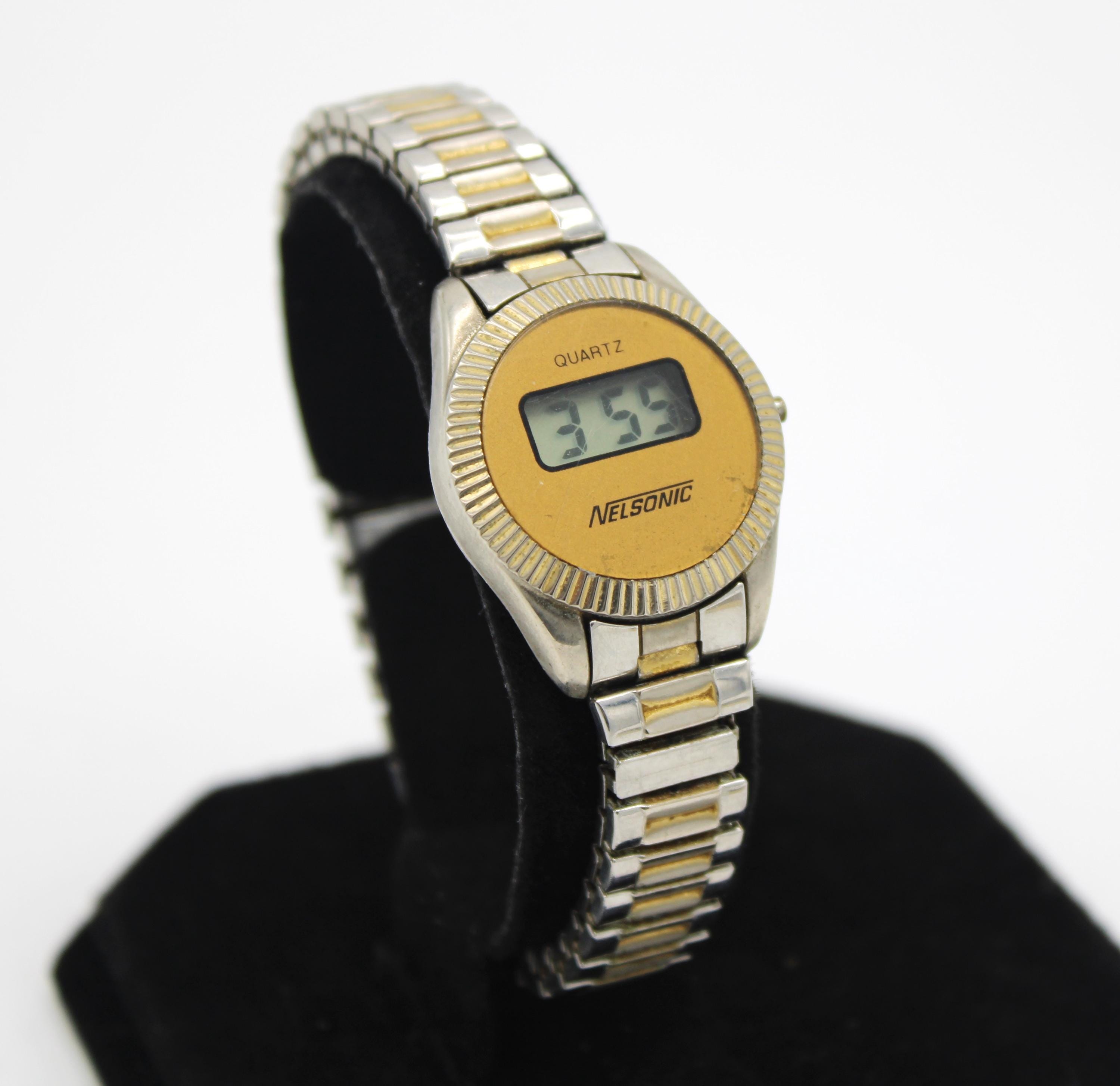Vintage 1980s Digital Watch Nelsonic LCD Quartz Gold Tone Elastic