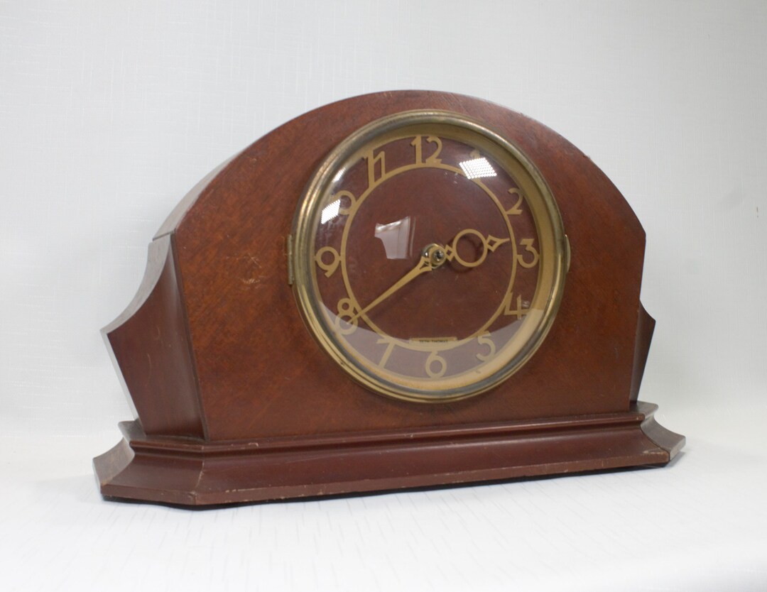 Vintage Art Deco Clock Seth Thomas Wood and Brass Glass Dome Electric