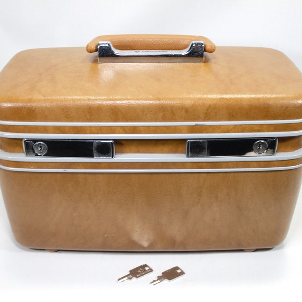 Vintage Samsonite Profile train case cosmetic luggage carry on hard vinyl case brown tan chrome jet set suitcase mirror lid lock and key