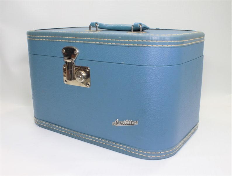 Vintage Midcentury Train Case Suitcase Blue Chrome Small Etsy