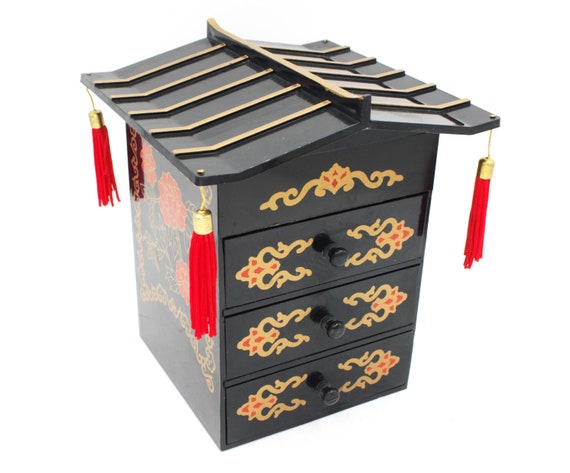 Vintage jewelry box Asian style mini jewel cabine… - image 4