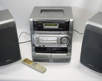 Vintage Boombox Aiwa CD dual cassette tape deck player recorder portable  stereo am-fm radio EQ T-Bass surround sound system aux remote 1990s