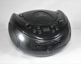 Vintage mini boombox CD player stereo am/fm receiver retro unique mod round pod design gloss black portable audio system Memorex