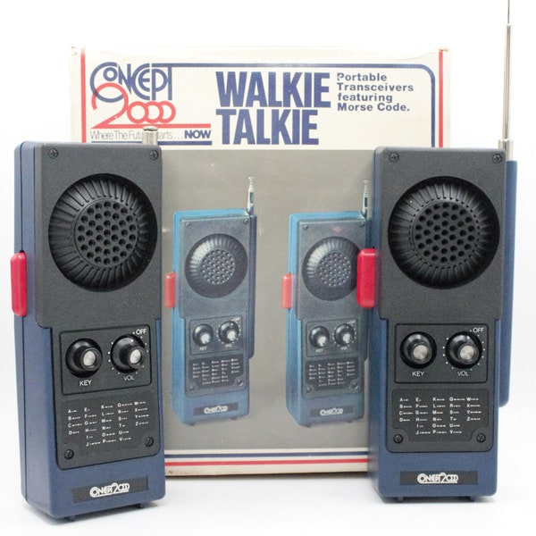 Vintage 1970s Walkie Talkie set transceiver radio pair morse code communication blue black NOS in box like new Concept 2000