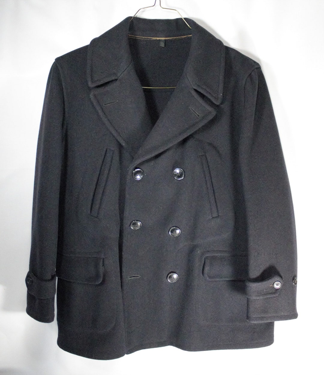 Vintage 1940's Heavy Wool Coat Peacoat Railroad Style Black Thick ...