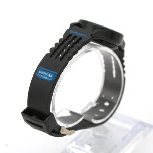May include: Black digital sport watch with a blue accent on the face and band. The watch band has the words "DIGITAL - TIME-" in a blue rectangle. The word "SPORT" is printed in blue on the watch face.