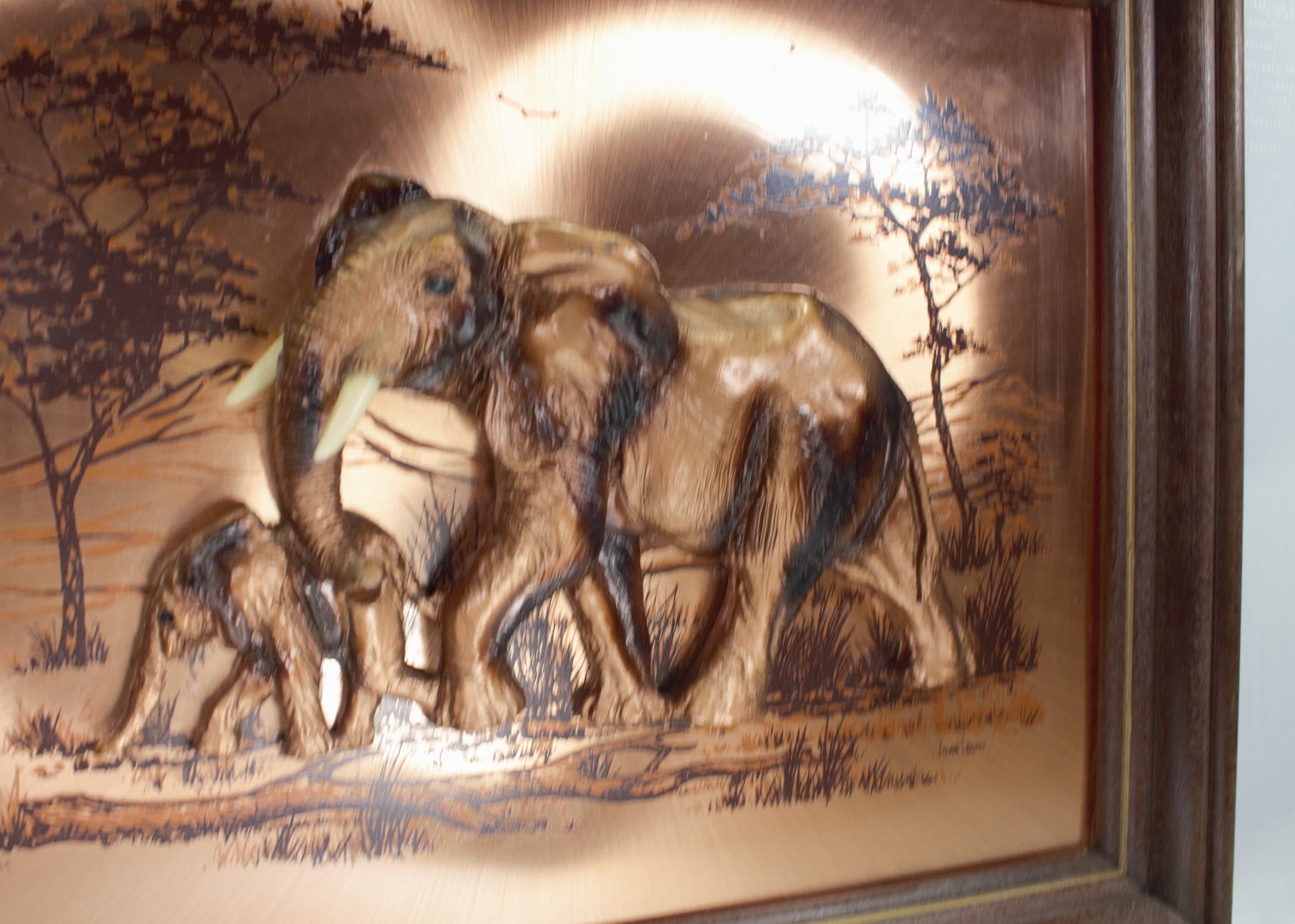 Vintage 1970s Copper Wall Art African Tusked Elephants 3D