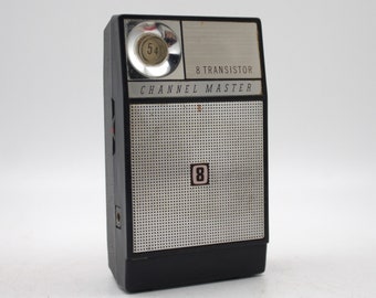 Vintage radio 8 Transistor Channel Master pocket AM receiver black aluminum and chrome