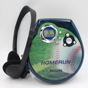 Vintage CD player stereo personal audio digital compact disc LCD blue Homerun Baseball edition Phillips with headphones image 3