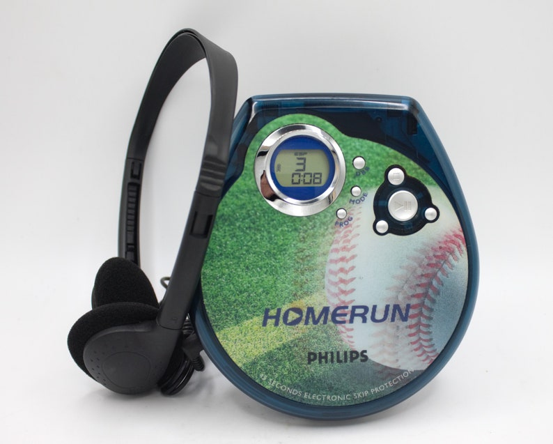 Vintage CD player stereo personal audio digital compact disc LCD blue Homerun Baseball edition Phillips with headphones image 3