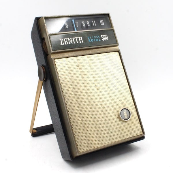 Vintage Zenith Deluxe Royal 500 Transistor Radio mid-century AM station tuner solid state portable audio brass shield black with stand