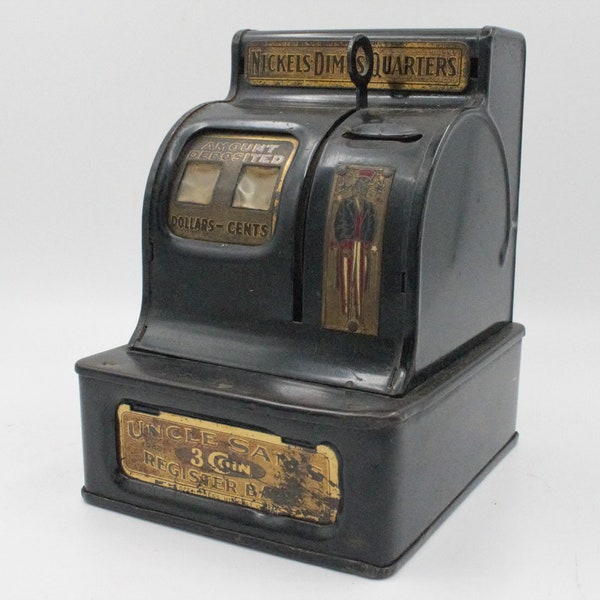 Vintage Uncle Sam's Cash Register 3 coin counting bank steel and brass in black complete very early edition