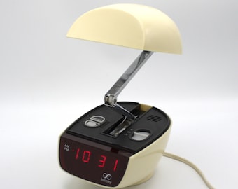 Vintage 1970s Infinity digital alarm clock table lamp red LED lighted display folding nightstand desk lamp mod space age futuristic design