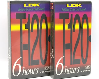 Vintage 1980s VHS video cassette tapes blank cartridge VCR recording 6-hour LDK T-120 factory sealed new old stock 80s