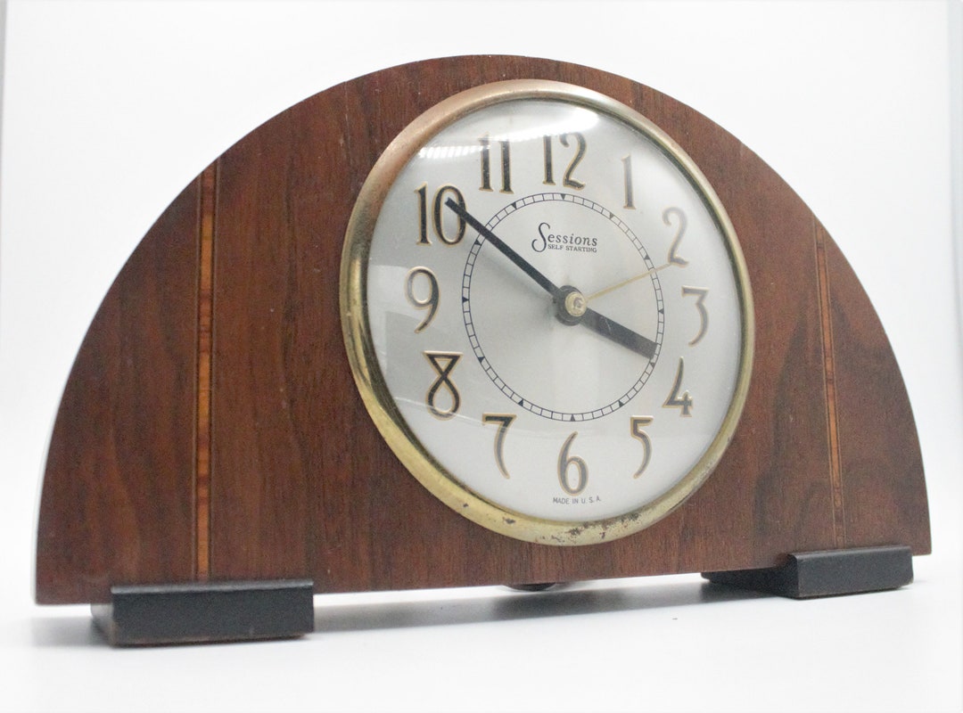 Vintage Art Deco Clock Solid Wood With Inlay Silver and Brass Glass
