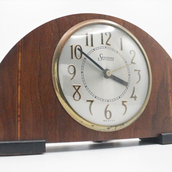 Vintage art deco clock solid wood with inlay silver and brass glass dome electric analog half circle mantle piece Sessions Clock Co restored